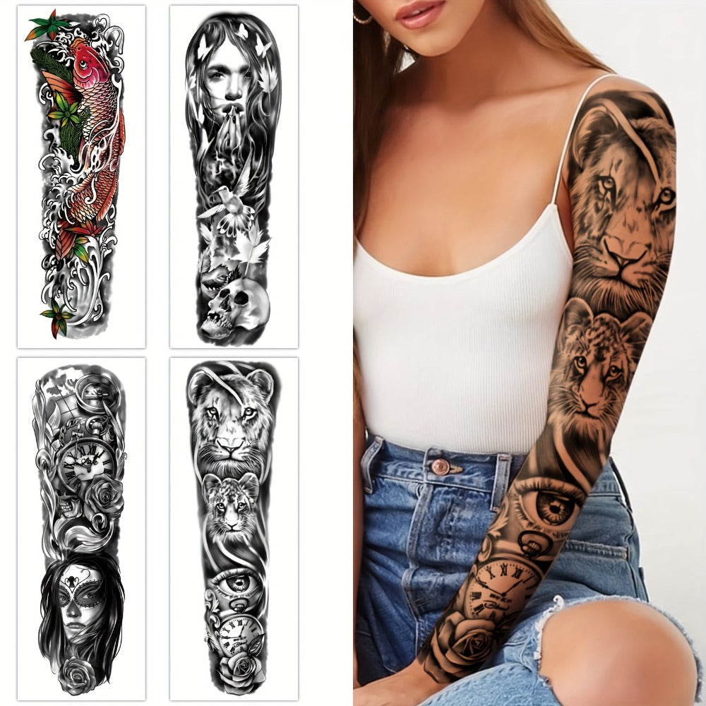 8 Sheet Large Size Black Full Arm Temporary Tattoo Stickers - Waterproof, Long-Lasting, Realistic Designs for Men & Women, Featuring Koi, Dragon, Lion, Floral & Geometric Patterns, Perfect for Street Punk Style, Tattoo Supplies