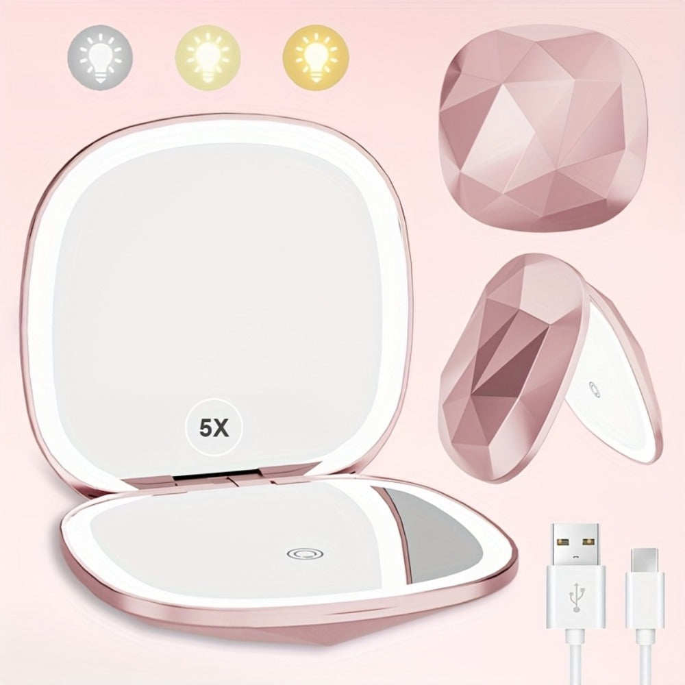 Compact Travel Makeup Mirror with LED Lights 5X Magnifying - Dual Sided 1X 5X Mirror, 3 Color Light Modes, Portable Purse Mirror for Women, Vanity Mirror for Desk Office Travel Gift