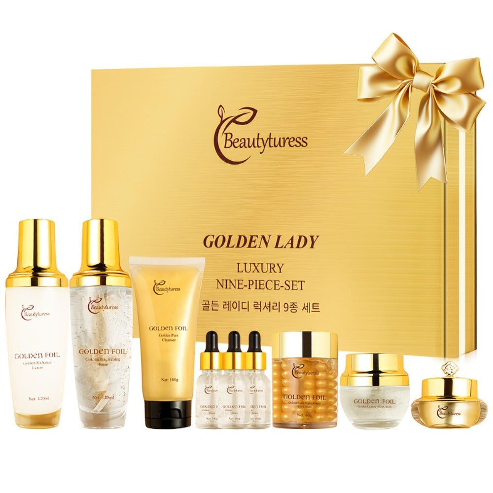 Collagen Skincare Set 9pcs Korean Facial Serum Moisturizer Cream Hyaluronic Acid Firming Hydrating Luxury Gift Box for All Skin Types