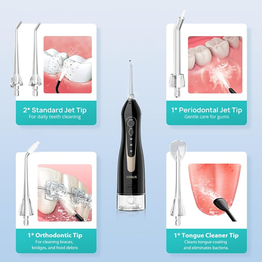COSLUS CX20 Water Dental Flosser Teeth Pick: Portable Cordless Oral Irrigator 10.14oz Rechargeable Travel Irrigation Cleaner Electric Waterflosser Flossing Machine for Teeth Cleaning Black, Valentines Day Gifts
