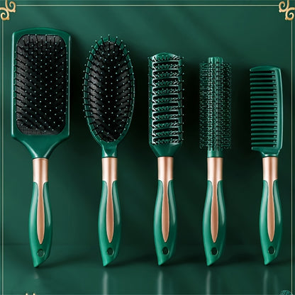 Hair Comb Set 5 Piece — Cushion Brush, Curling Comb, Detangling Comb, Anti-Static Comb & Scalp Massage Comb for Women, Smooth Hair Care Styling Kit