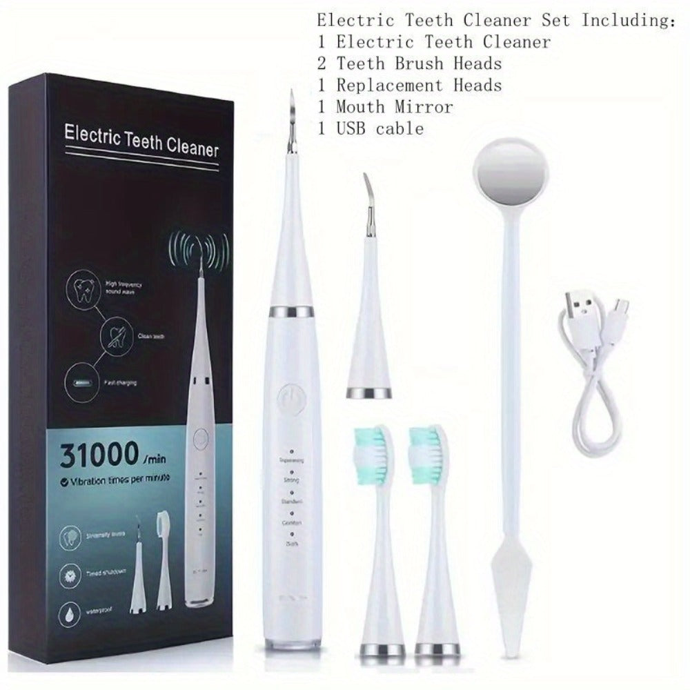 Electric Teeth Cleaner Kit USB Rechargeable 5 Cleaning Modes Dental Scaler Plaque Tartar Remover Gum Health Tool Holiday Gift Set for Family Friends Adults Black White Green