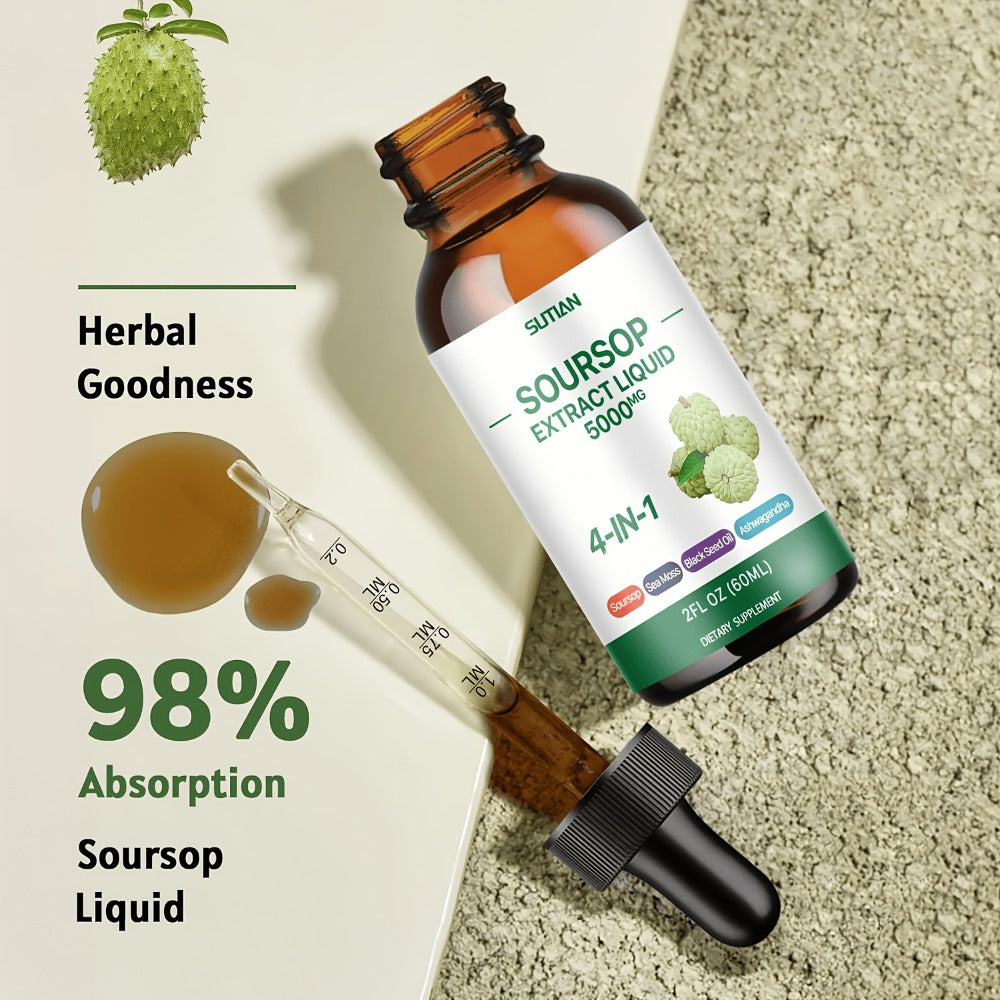 [Soursop Bitter Concentrate] Special On Soursop Bitter Concentrate, Premium Soursop Liquid Drops, 2 Fluid Ounce 4-In-1 Compound Soursop Bitter Liquid, Containing Black Seed Oil, Ashwagandha And Seaweed, Concentrated Formula With High-Purity Extraction
