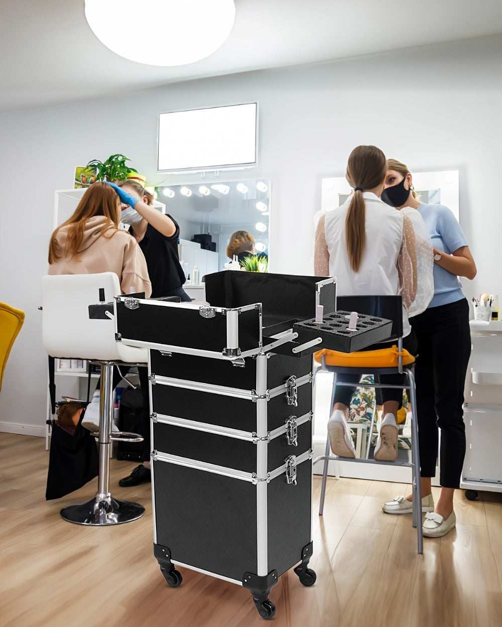 Black 4-In-1 Rolling Makeup Train Case with Makeup Sponges Set, Portable Cosmetic Trolley with Ample Storage for Professionals, Features 360° Swivel Wheels, Ideal for Salon And Travel Use