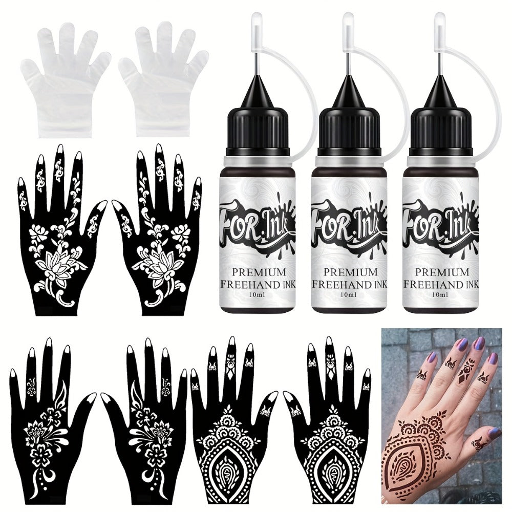 Temporary Tattoo Kit Freehand Ink Semi Permanent Tattoo Jagua Gel Free Stencils Fake Freckles Temp Tattoos for Women Men - Full Kit 3 Bottles (2 Bottles Brown, 1 Bottle Red Color ) for Weddings, Valentine'S Day