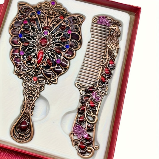 2pcs Vintage Mirror and Comb Set with Butterfly Flower Hair Comb & Portable Handheld Mirror - Fine-Toothed Stainless Bristles, Decorative Mirror Comb for,, Hair Care, Travel & Makeup ()