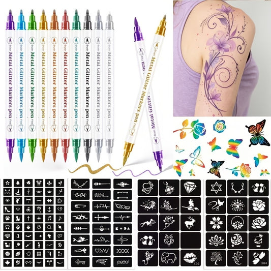 10pcs Double-ended Tattoo Pen Set + 114 Templates + Butterfly Temporary Tattoo Sticker Set Of Waterproof And Sweat-resistant Long-lasting DIY Design Tools, Easy to Remove And Washable Body Painting, The Ideal Choice for Party And Festival Gifts
