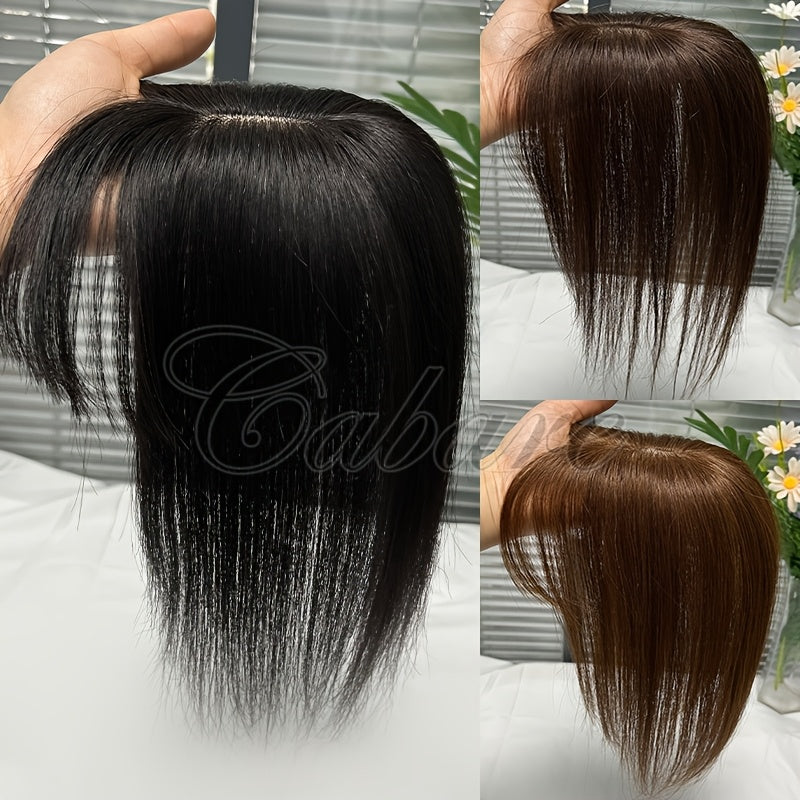 5X9 Real Human Hair Topper Wigs with Bangs for Women, Natural Black, Dark Brown, Straight Hair, Increase Hair Volume & Covering White Hair, Enhance Temperament, Suitable for Various Occasions
