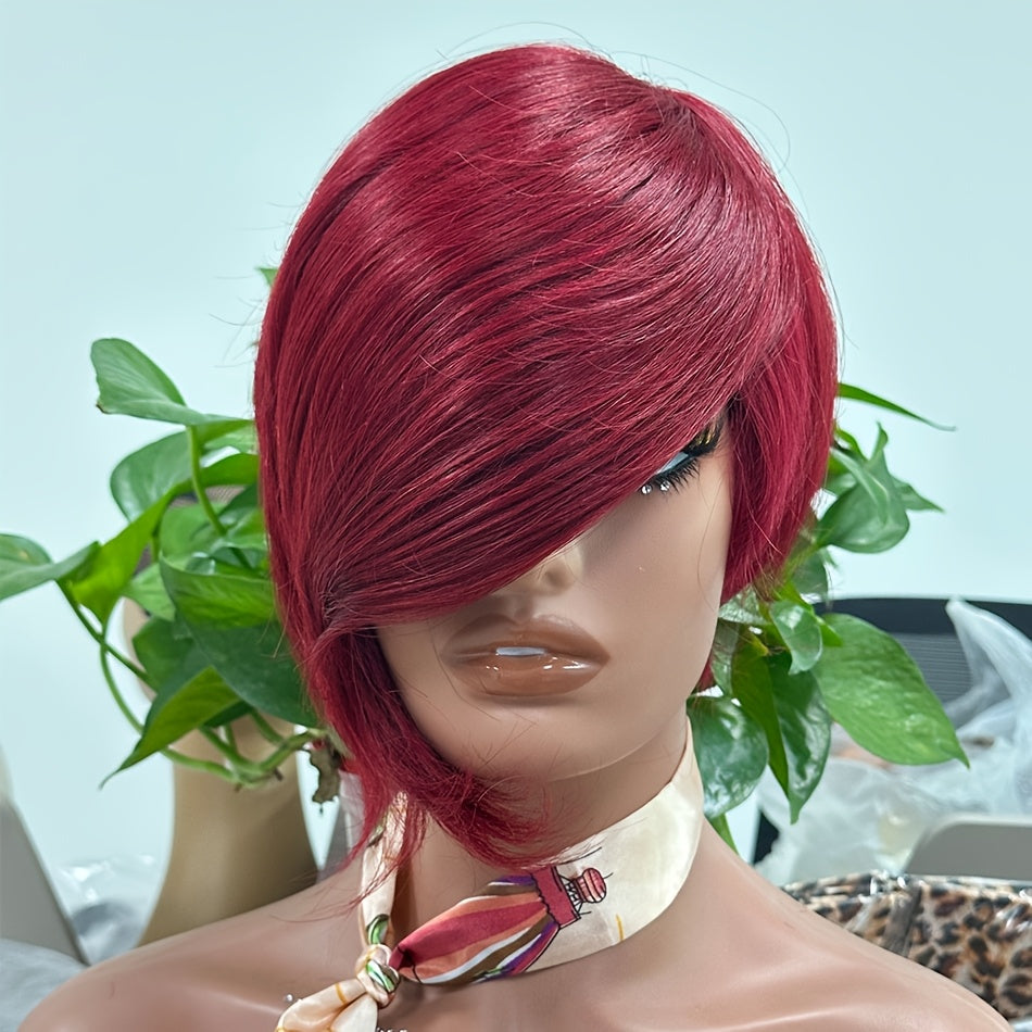 Pixie Cut Human Hair Wig with Bangs 8 Inch 200% Density Glueless Side Part Layered Straight Rose Net Cap Throw On and Go Women #1 #4 #99J Daily Party
