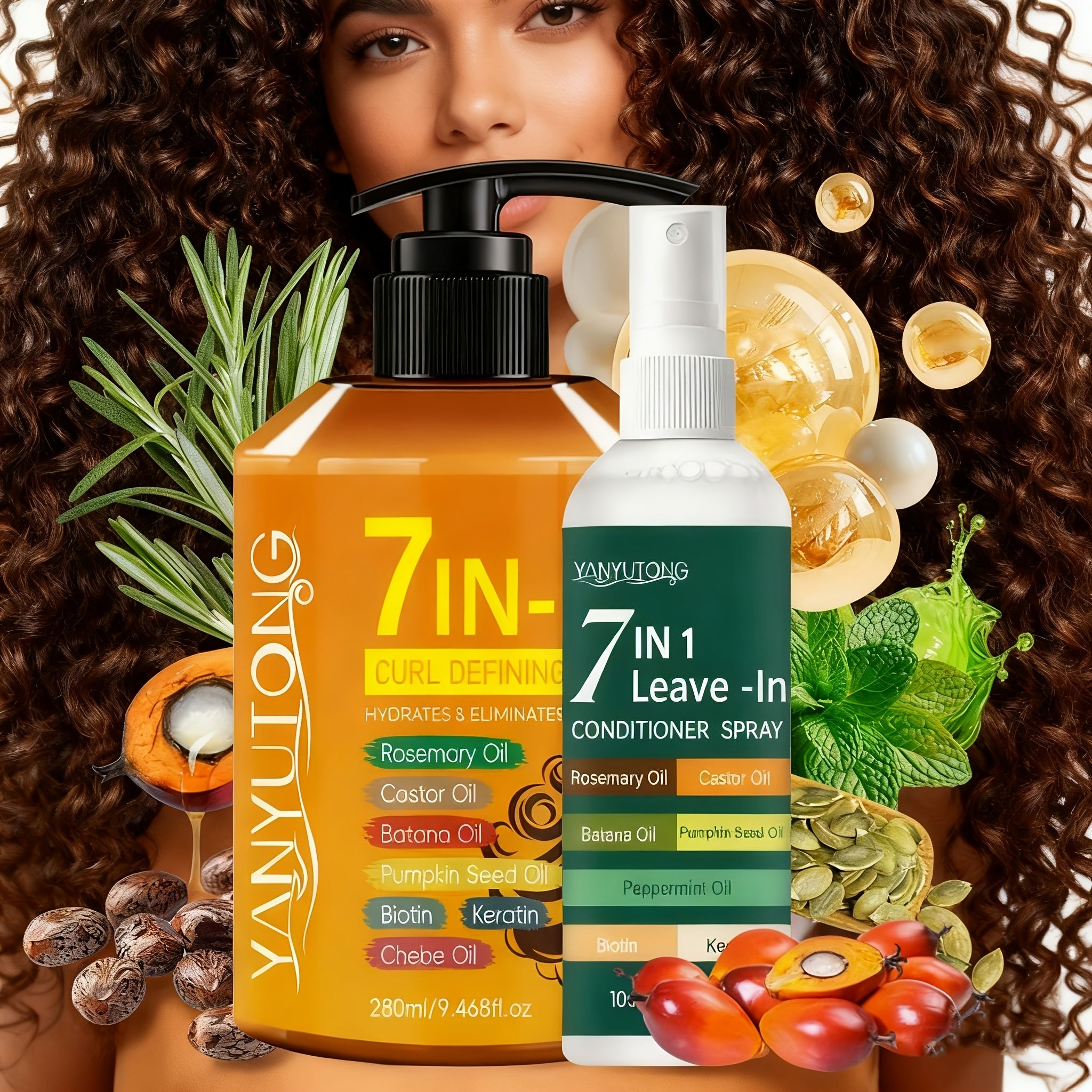 [2-Pack]Upgraded 7-in-1 Hair Styling Cream 9.47oz + 7-in-1 Fragrance Leave-in Hair Spray 3.38oz - with Rosemary/Castor/Batana/Pumpkin Seed Oils, No-rinse Anti-frizz for Lasting Moisture, Voluminous Curls & All Hair Types (Long-lasting Scent)