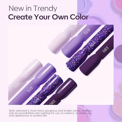 Dip Powder Nail Kit 4 Colors Lilac Lavender Purple Glitter - Base Coat Top Coat & Activator Included - French Nail Art All-in-One Beginner Manicure Set for Home & Salon