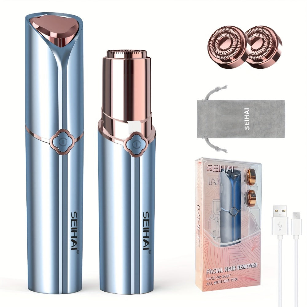 Women's Electric Facial Shaver - USB Rechargeable Hair Remover, Multi-Purpose Epilator for Bikini, Face, Legs, Arms, Underarms - Portable Hair Trimmer, Female Body Shaver, Suitable for Travel, Includes Velvet Storage Pouch + 2 Replacement Heads