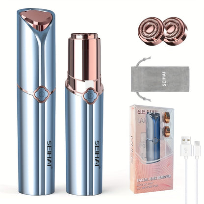 Electric Facial Shaver for Women USB Rechargeable Epilator Hair Remover for Face Bikini Legs Arms Underarms Portable Body Trimmer with Velvet Pouch 2 Replacement Heads Travel-Ready