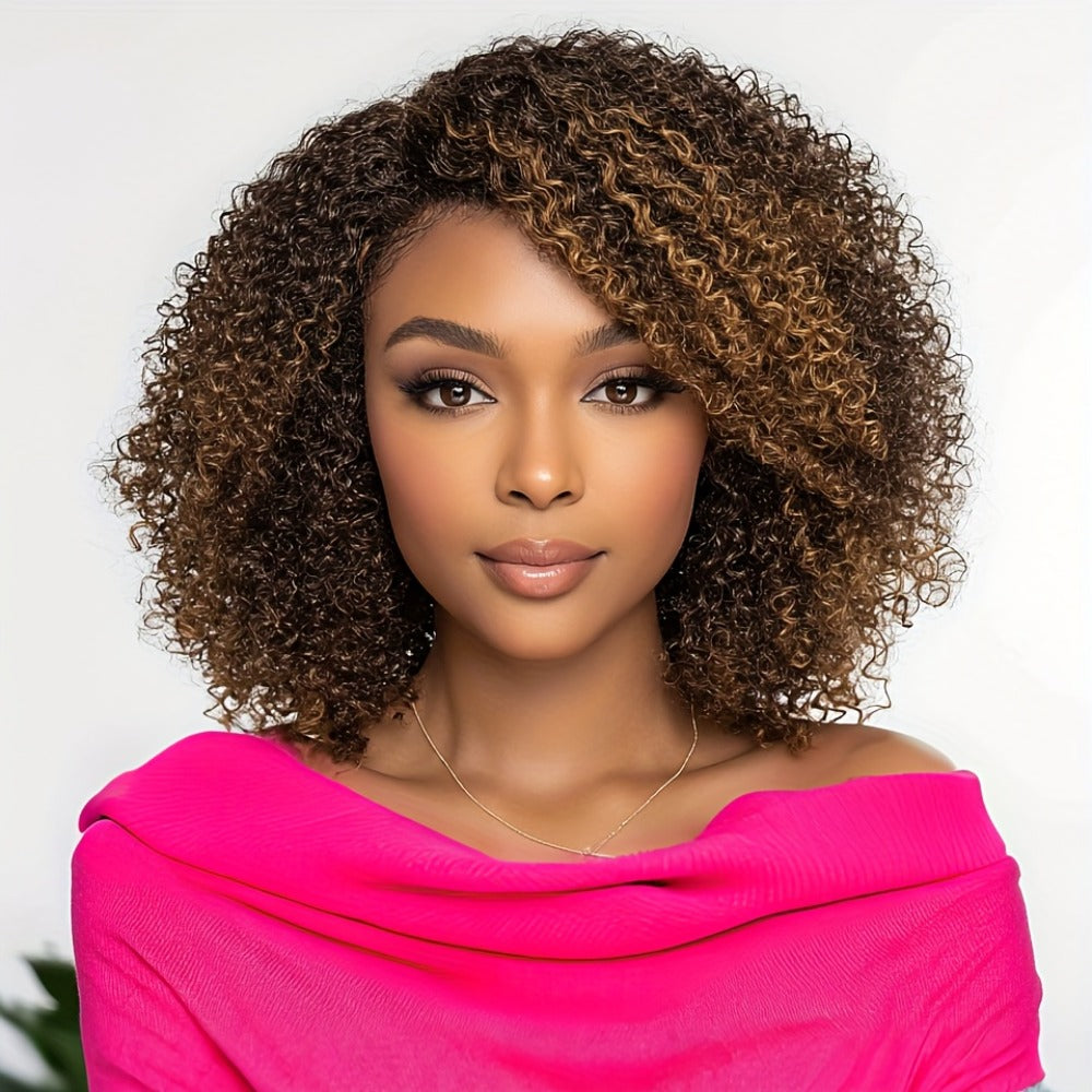 Jerry Curl Human Hair Wig with Bangs Glueless Short Kinky Curly Brazilian Remy Highlight Wig 12 Inch Women P4/30/27 P1B/30 Natural Voluminous Look