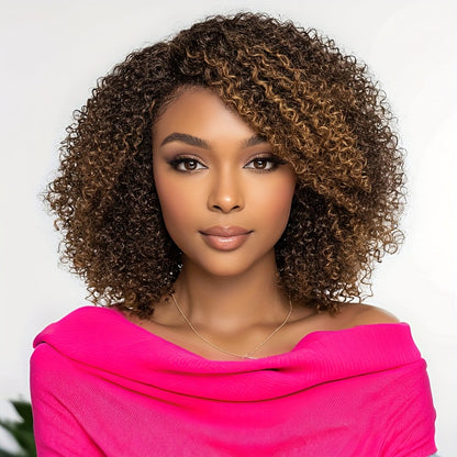Jerry Curl Human Hair Wig with Bangs Glueless Short Kinky Curly Brazilian Remy Highlight Wig 12 Inch Women P4/30/27 P1B/30 Natural Voluminous Look