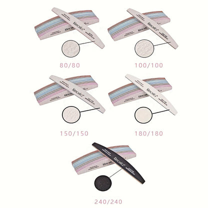 Nail Files & Sanding Strips Set — Half Moon Professional Rolled Nail File, Gray Sanding Bands for Shaping & Buffing | 5 or 10 Pcs with OPP Bag