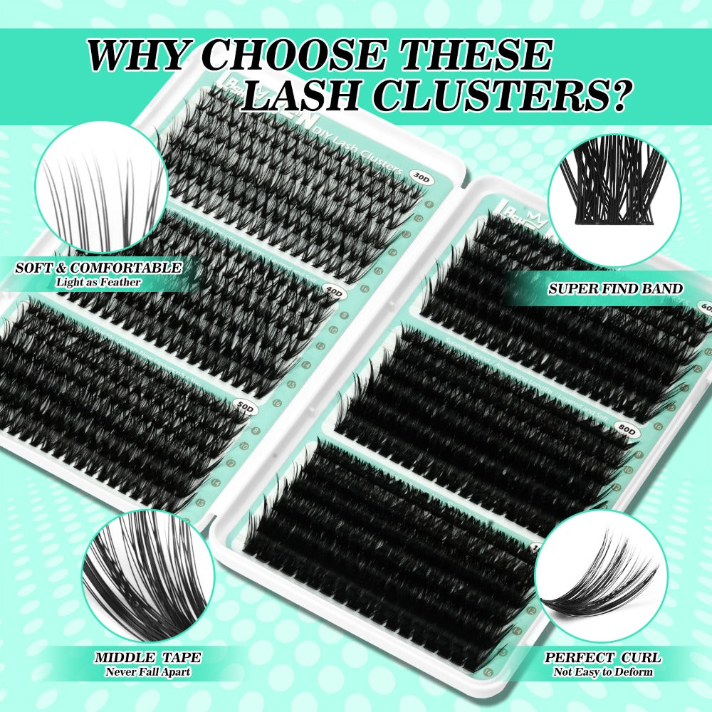 708pcs Mega Lash Clusters Kit with Tweezers Glue & Brush, Ultimate False Eyelashes Collection for Party Wedding Daily Makeup, Soft Silky Fiber Lashes, Full Voluminous Easy Apply Lash Extension Set
