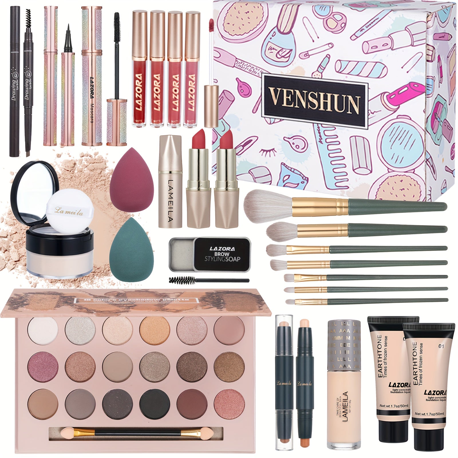 [Holiday Gifts] Multifunctional Women's Makeup Set, Including a Full Set of Makeup Gifts And Basic Makeup Sets. It Contains Foundation, 18-Color Eyeshadow Palette, Lipstick, Eyebrow Pencil. The Best Choice of Holiday Gifts for Girls And Teenagers