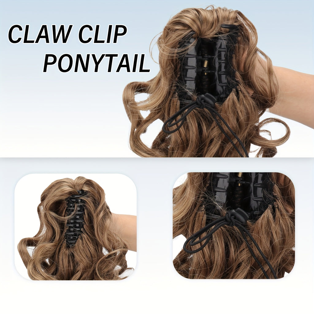 Elegant Curly Wave Ponytail Extension - Synthetic Heat-Resistant Hairpiece for Women, Dark Brown to Blonde Gradient, Voluminous Scroll Curls, Perfect for Daily Wear & Special Occasions