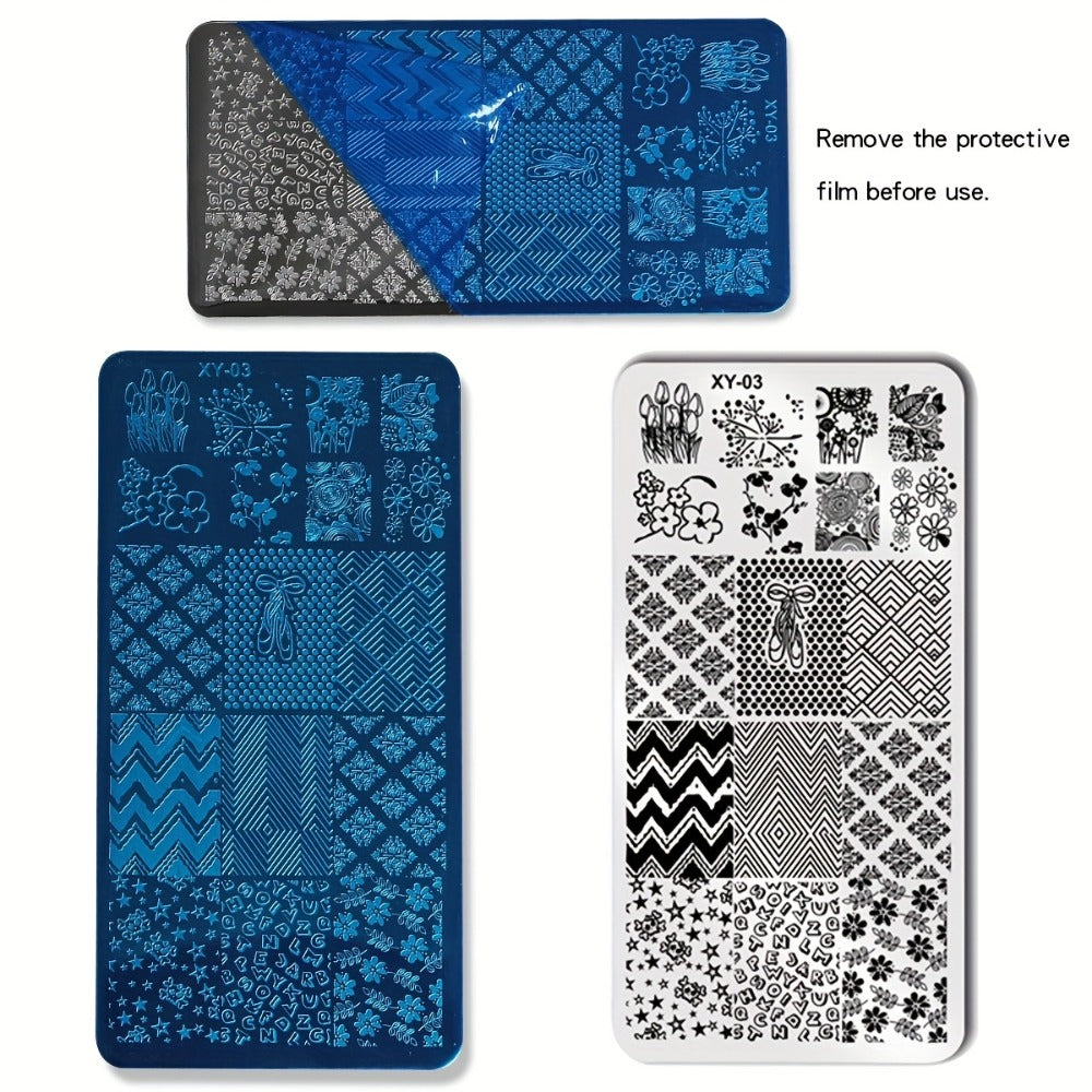 9pcs Nail Printing Board Set 7pcs Mixed Design Stamping Deck +1 Nail Press Die +1 Scraper Nail Art Press Board Scraper Press Die Set