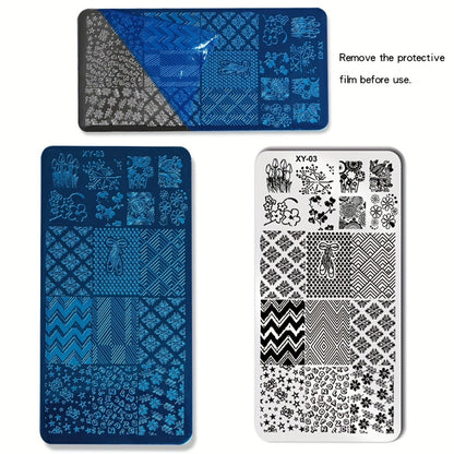 Nail Stamping Plate Set 9Pcs with 7 Mixed Design Stamp Plates Stamper & Scraper Kit for Nail Art Printing Manicure DIY Decoration Floral Geometric Abstract Patterns Stainless Steel Reusable