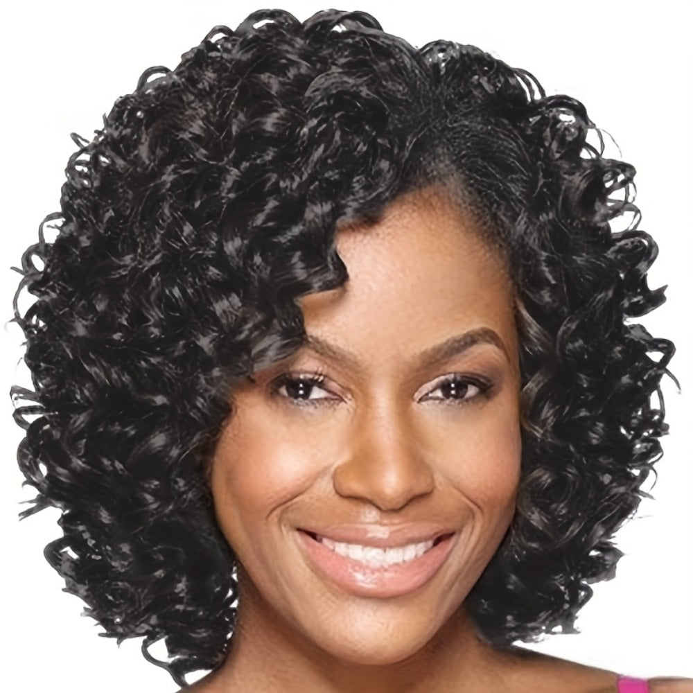 Short Afro Kinky Curly Wig 12 Inch Synthetic Heat Resistant for Women Elastic Cap Black Black Mixed Brown Voluminous Daily Wear Hair Replacement