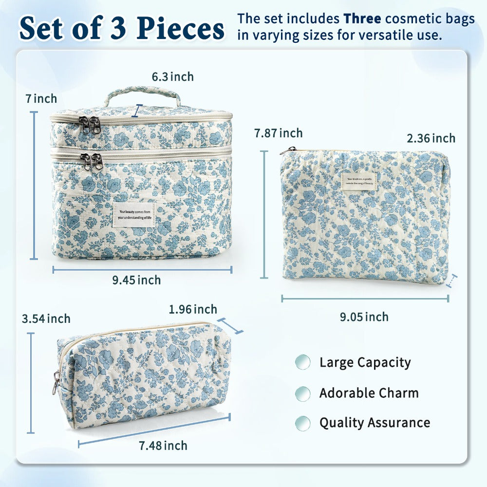 Large Capacity Dual Layer Cotton Makeup Cosmetic Bag (3PCS), Cute Quilted Travel Coquette Aesthetic Floral Make up Bag for Women Toiletry Bag (Blue Rose)