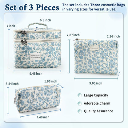 Quilted Floral Makeup Bag Set 3PCS Large Capacity Dual Layer Cotton Cosmetic Bag Coquette Aesthetic Travel Toiletry Bag for Women Girls Blue Rose Pink Floral