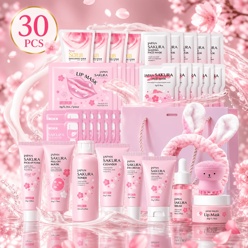 30pcs Sakura Light Beige Care Set - Gentle Cleansing Moisturizing Hydrate with Cleansing Brush & Hairband for Girlfriend Wife Mother - Facial & Eye Care Gift & Combination Light Beige, Deep Moisturizing