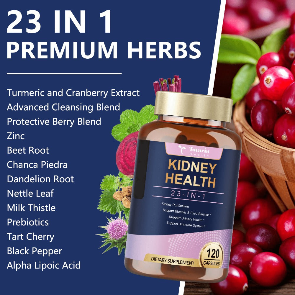 Kidney Support Capsules 120 Counts, 23 IN 1 Kidney Support Supplement Extra Strength with Chanca Piedra, Cranberry Supports Liver & Kidney Function Bladder Health