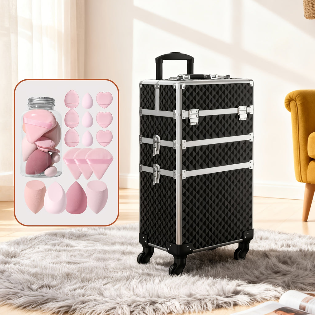 Rolling Makeup Train Case with Makeup Sponges Set, Large Storage Cosmetic Trolley 3in 1 Large Capacity Trolley Makeup Travel Case with Key Swivel Wheels Salon Barber Case Traveling Cart Trunk
