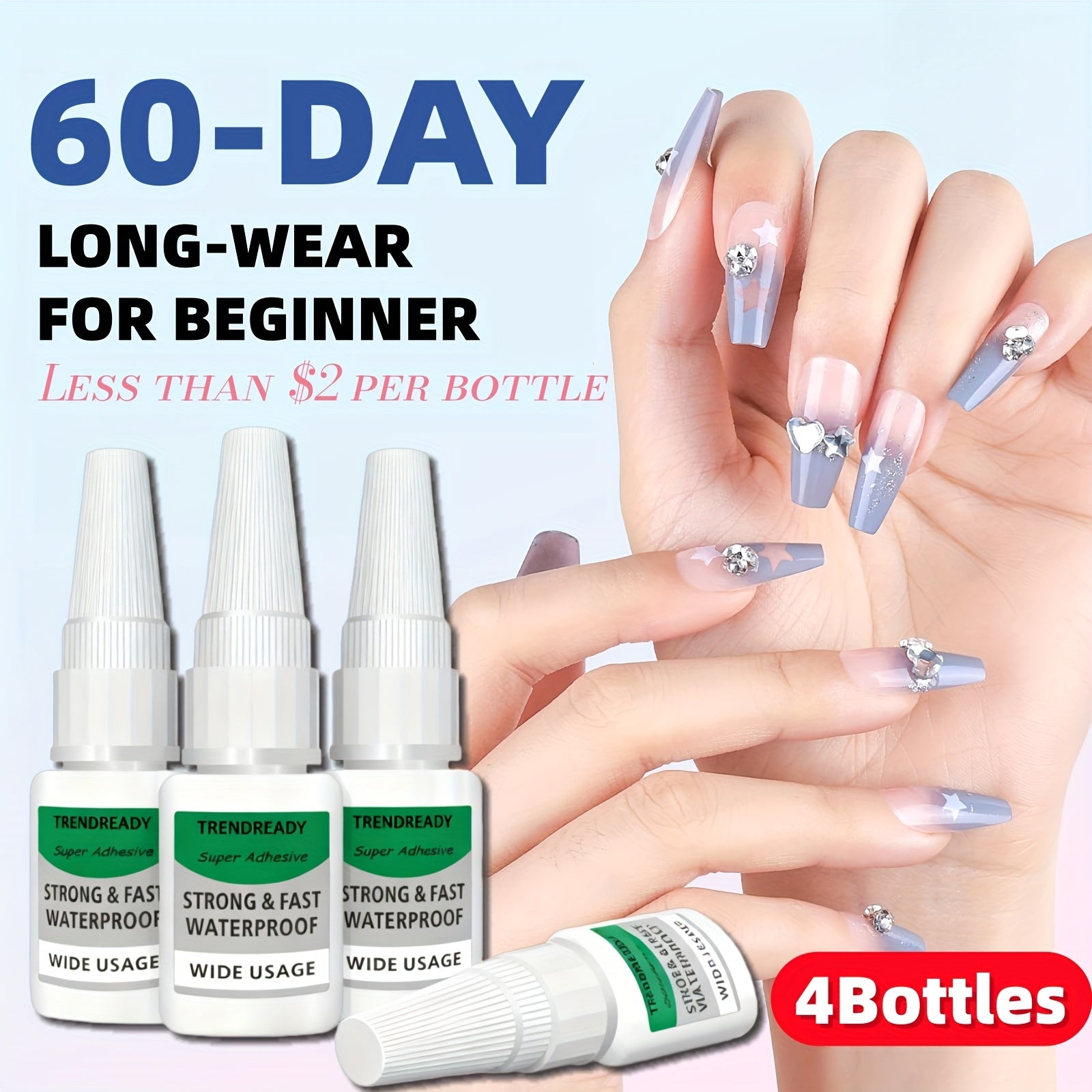 4pcs Fast Drying Super Nail Glue - Long Lasting 60+ Days, No Lamp Needed, Heavy Duty For Press On Nails, Fake Nails, Nails Art, Nail Supplies, Extra Hold, 20G/Bottle Large Capacity, Salon Nail Tools, Smooth Application, Durable Sealant, Christmas