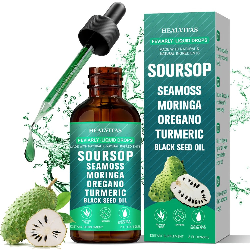 Soursop Liquid Drops | Soursop Bitters Liquid Drops 10in 1 with Sea Moss, Moringa, Turmeric, Black Seed Oil, Oregano, Ashwagandha | Herbal Extracts for Overall Health Supports
