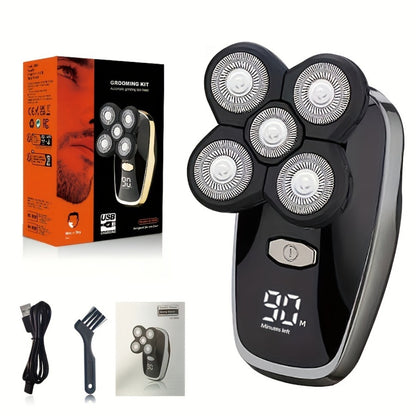 Men's Electric Shaver 5-in-1 Set USB Rechargeable Bald Head Clipper with Digital Display Nose Hair Trimmer Hair Clipper Exfoliating Brush Grooming Kit