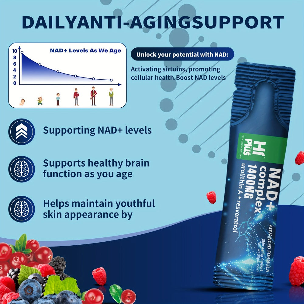 HiPlus NAD Supplement-1400 Mg-High Performance Liposomes, Nicotinamide Ribose, PQQ, Nicotinamide Riboside&Trans-Resveratrol Multi-Support, Antioxidant & Light Beige Support-Sweet&Sour Berry Flavor, Highly Effective Focus In Every Moment-(1 Sachet-2 Sachet