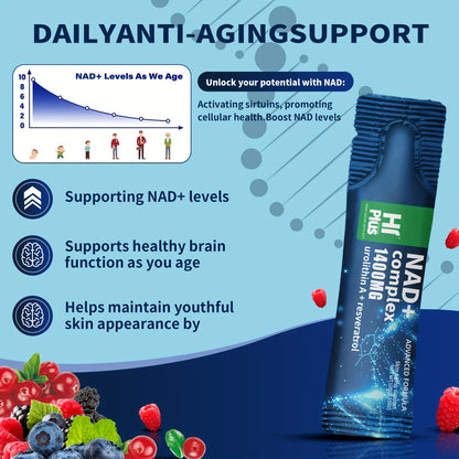 NAD+ Supplement 1400mg Liposomal with Nicotinamide Riboside PQQ & Trans-Resveratrol – Cellular Energy, Focus & Antioxidant Support | HiPlus Berry Flavor Portable Sachets (20 or 40 Packs)