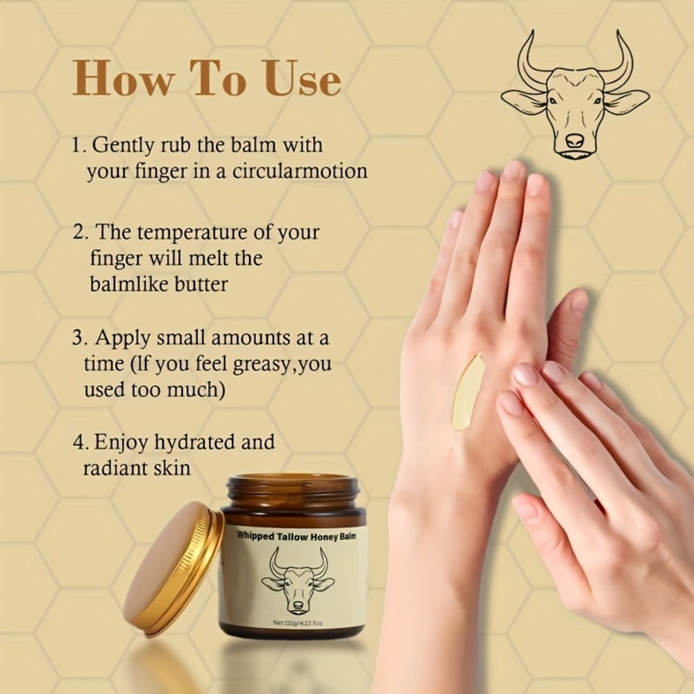 Beef Tallow Balm from Grass-Fed Cattle - a Natural Whipped Moisturizer And Hydrating Cream Suitable for Both Face And Body. It'S Safe for Sensitive Skin, Features a Deeply Nourishing Formula with Honey, Is Made from Unrefined Grass-Fed Beef