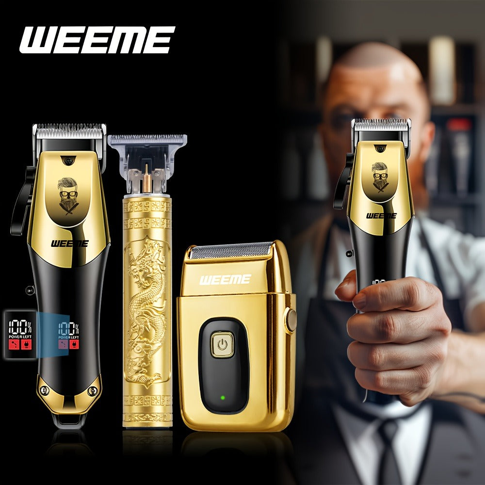 [Christmas New Year Gifts] WEEME All Golden Series 3pcs/2pcs/1pc Men's Hair Clipper Set - Hair Cutting Kit, T-Blade Trimmer, Combs, USB Cable, Cleaning Brush-Perfect Christmas And New Year Gifts