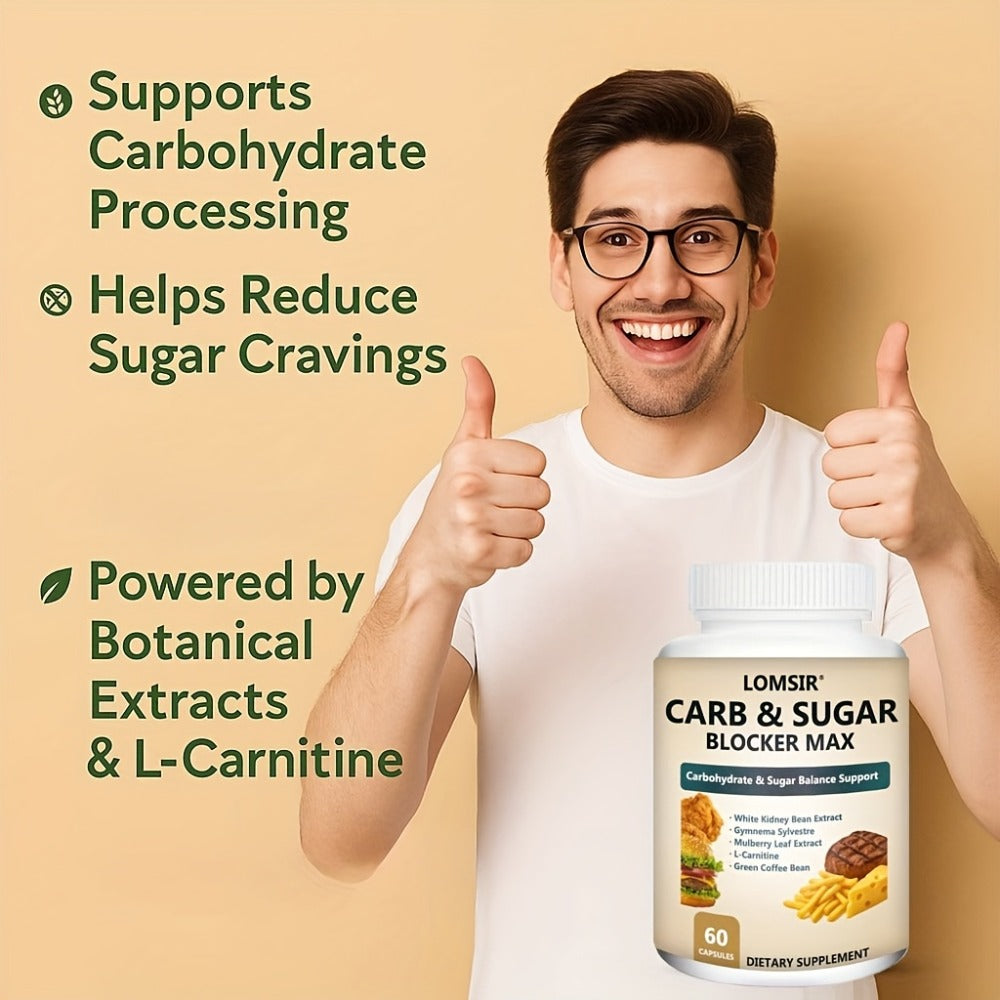 Carb And Sugar Blocker Max with White Kidney Bean Gymnema Sylvestre Mulberry Leaf L-Carnitine Carbohydrate And Sugar Balance Support Suitable for Men And Women - 60 Capsules