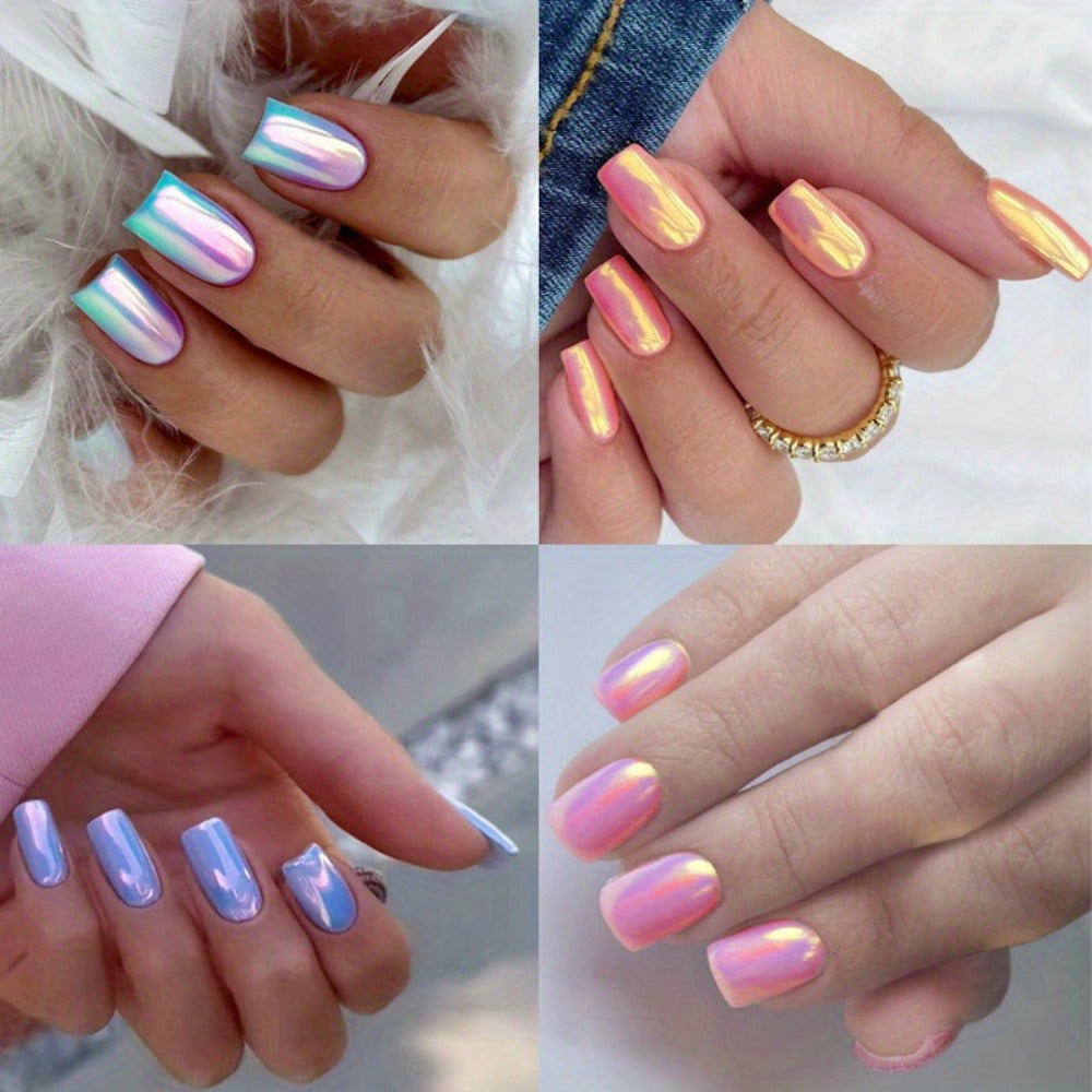 96pcs (4 Pack) Pink Chrome Press-On Nails Kit - Short Square Personalized Acrylic Nails for Women - Summer Dating