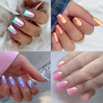 Press On Nails 96 Pieces 4 Packs - Pink Chrome Short Square Fake Nails | Glossy Acrylic Full Cover False Nails for Women Girls, Summer Dating Personalized Nail Art Kit
