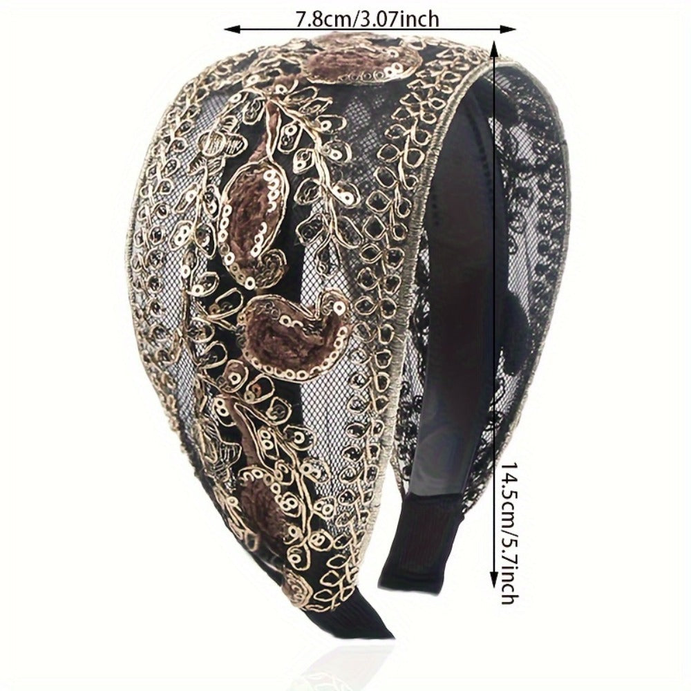 2pcs Elegant Lace Embroidered Sequin Flower Headbands - Wide, Non-Slip Hair Hoops for Women | Perfect for Spring & Summer | Chic Retro Style | Ideal Gift