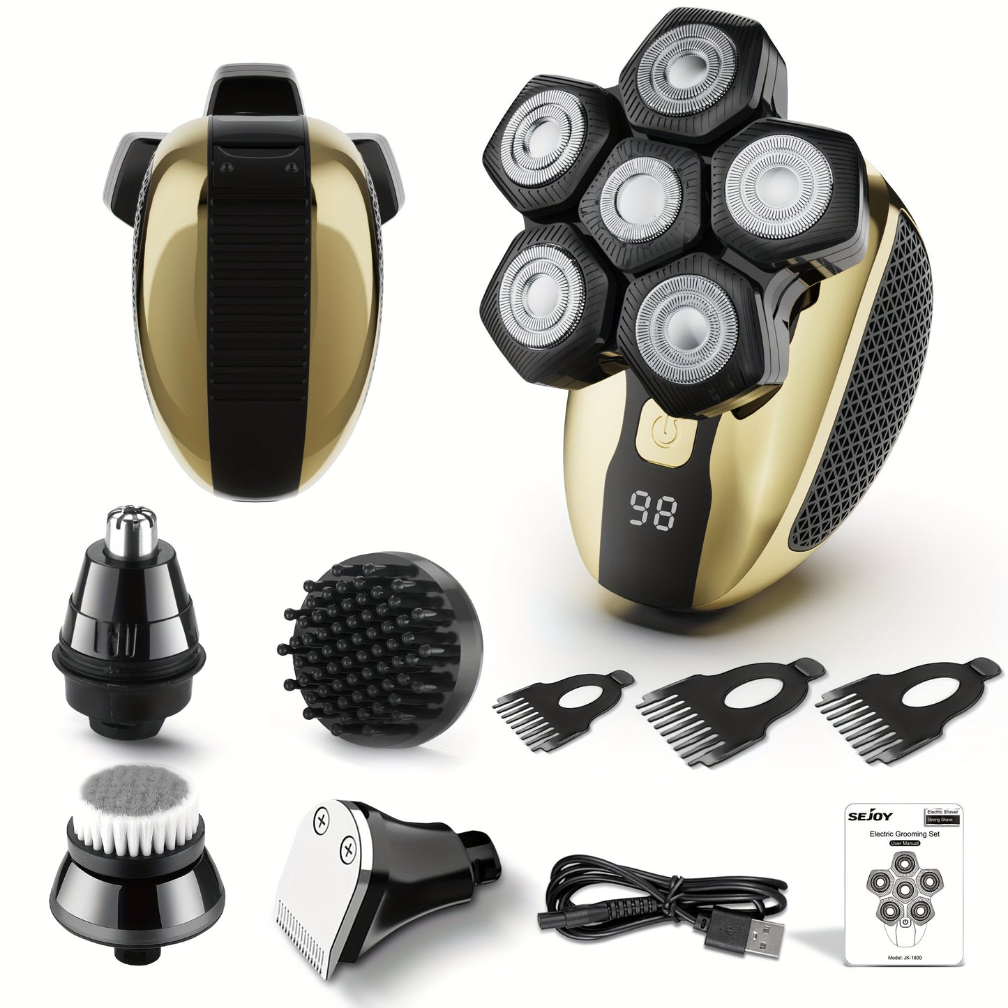 Electric Head Shaver for Bald Men 7D 7 Floating Heads — All-in-One Grooming Kit with Nose Hair Trimmer & Facial Cleaning Brush, 1.5H Fast Charging, Travel Lock, Rechargeable Men's Razor Gift Set (Blue/Black/Gold/Coffee)