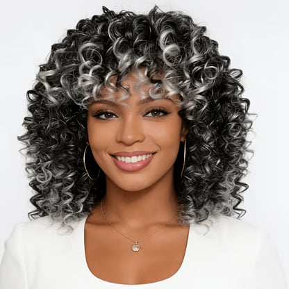 Deep Wave Bob Wig Glueless with Bangs Short Curly - Elastic Band Natural Black Ombre Gray Brown 14 Inch for Women Daily Wear
