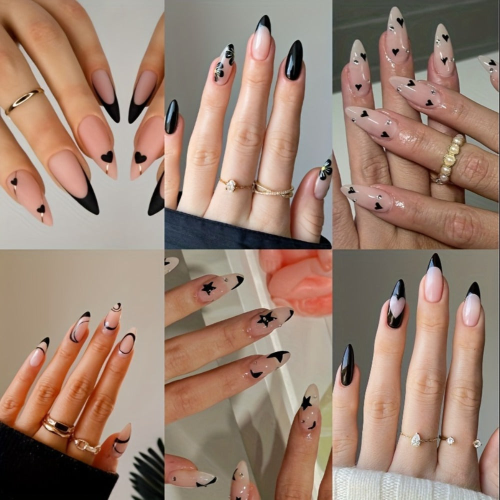 144pcs Pink Press On Nails Short Almond - Flower Small Flowers Fake Nails Rhinestone Press Ons Black French Nail Tip Glue On Nails with Cute Design Full Cover False Nails Stick On Nail Acrylic Nail Art Kit