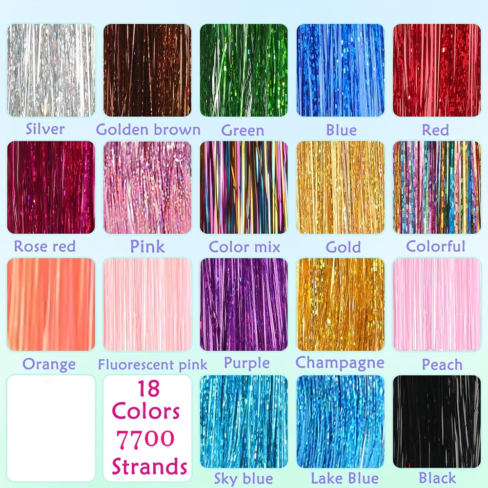 18 Colors Glitter Hair Tinsel Extensions Kit - 7700 Strands with Tools & Beads, 53 Inch Heat Resistant Sparkly Fairy Hair Additions for Women And Adults Over 18, Christmas Party Festival