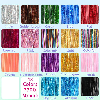 Hair Tinsel Extensions Kit 7700 Strands 18 Colors 48 Inch — Glitter Fairy Hair Tinsel with Beads & Loop Tool for Women Girls Party Festival Christmas Highlights