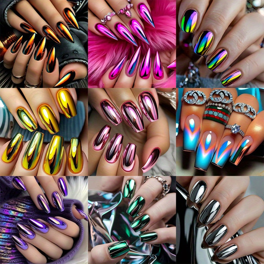 216pcs (9pcs) Solid Color Cool Almond Shaped Nail Pressure Purple, Pink, Silvery, and Golden Gradient Fake Nails, French Style Pointed Fake Nails, Daily and Holiday Nail Full Set Acrylic Nail Glue for And