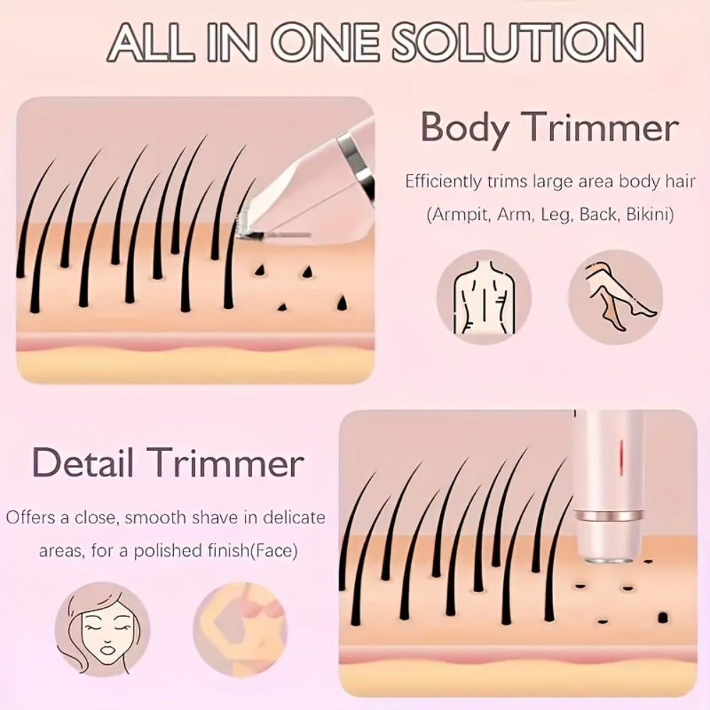 Electric Hair Trimmer 2-in-1 Rechargeable for Women - Dual Head Bikini Razor Face Shaver Body Arms Thighs USB Charging Stainless Steel Blade Cordless Hair Remover