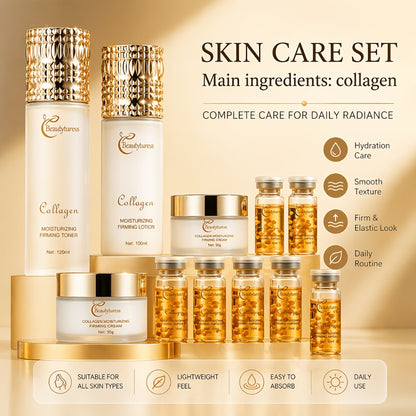 Korean Skincare Set 14pcs Collagen Hyaluronic Acid Niacinamide Hydrating Firming Moisturizing Face Care Kit Luxury Gift Set for Women